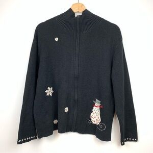 Woolrich Cardigan Full Zip Snowman Snowflakes Winter Black Sz XL Rami Cotton